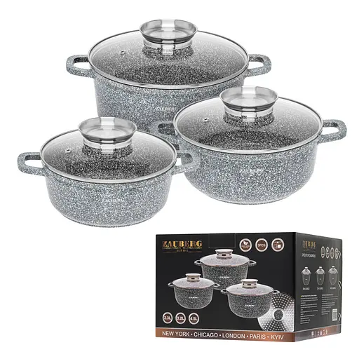 Набор кастрюль 3020/22/24-SN из 3 предметов с мраморным покрытием (2.3 л, 3.2 л и 4.5 л), Zauberg Серый 87702 - фото 2