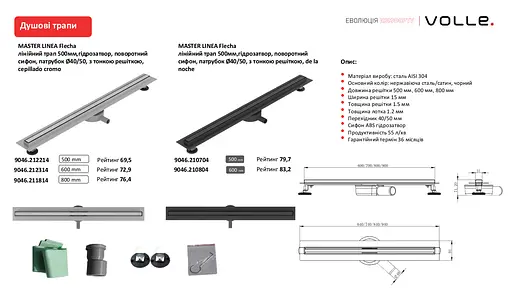 Трап линейный Volle 800 мм с тонкой решеткой cepillado cromo Master Linea 9046.212414 - фото 3