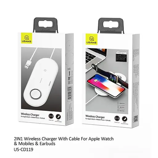 Зарядне бездротове USAMS US-CD119 2-в-1 для Apple Watch і телефонів 2W і 10W біле - фото 3
