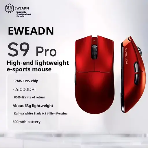 Игровая беспроводная мышка EWEADN S9 Pro / Три режима подключения / Сенсор PAW3395 / 26000 DPI / Red - фото 2