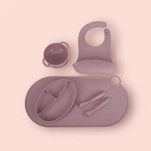 Набір силіконового посуду для першого прикорму дітей на присосці, 6 предметів, Pink dark - фото 1