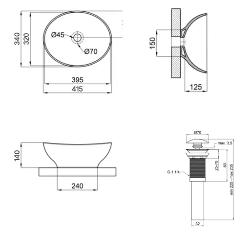 Комплект Qtap Dove: Раковина накладная овальная 415x340x140 мм Matt Black + Донный клапан PU03 (QT063078MBMBN47307) - фото 6