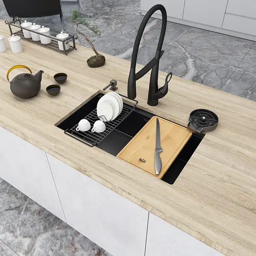 Кухонна мийка чорна врізна з PVD покриттям багатофункціональна Nett NB-7042, Чорний - фото 2