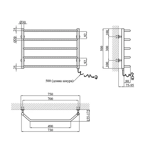 Полотенцесушитель электрический Kroner Трапеция ДТ19ER 500x700/5 ER CV023843, Хром, Правое - фото 2