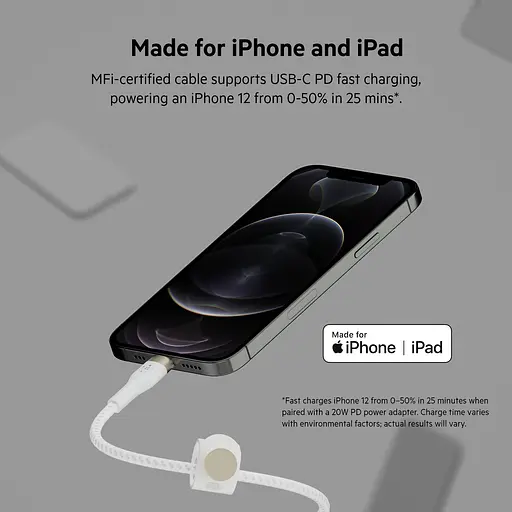 Кабель Belkin USB-С - Lightning BRAIDED SILICONE 1m White - фото 9