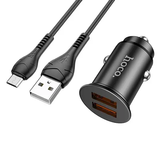 Адаптер автомобильный HOCO Micro USB Cable Developer dual port car charger set NZ1 36W набор черный - фото 1