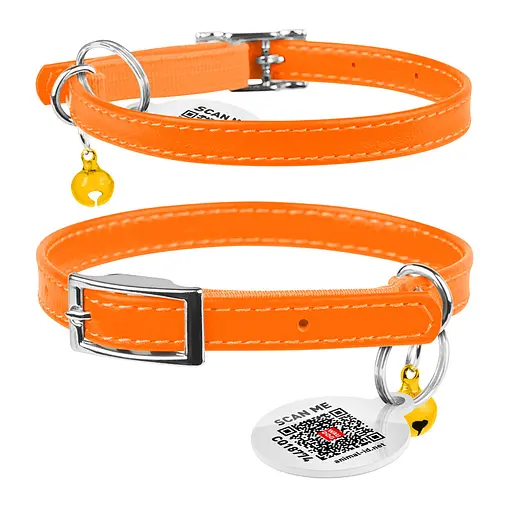 Ошейник для кошек кожаный Waudog Glamour с QR-паспортом без украшений XXS Ш 9 мм Д 22-30 см оранжевый