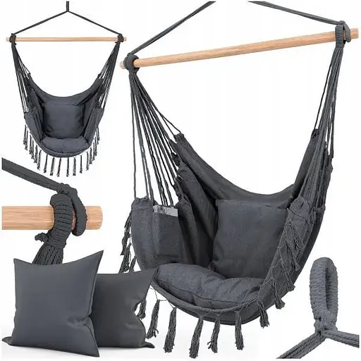 Підвісне крісло гамак бразильський стілець Heckermann + 2 подушки Dark grey - фото 1