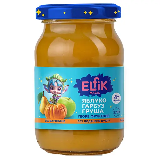 Уценка. Пюре фруктовое Elfik Magic Яблоко-тыква-груша стеклобанка 1020 г (6 шт. х 170 г)