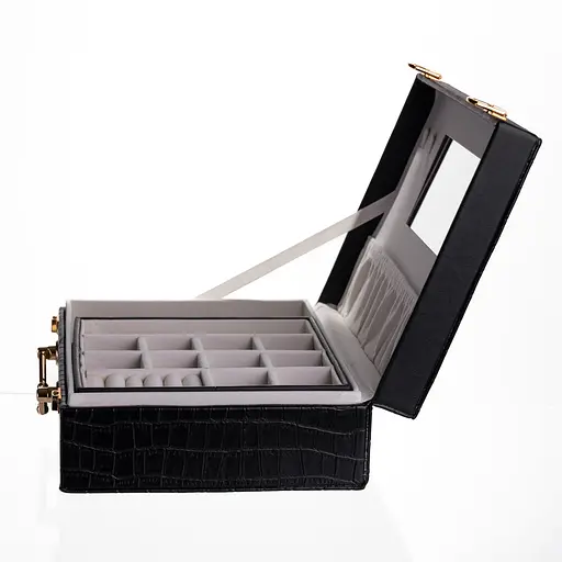 Скринька для прикрас з еко шкіри 19 відділень із дзеркалом 23.5×14×8 см органайзер для прикрас Чорний Yiwu HP-5-20B - фото 7