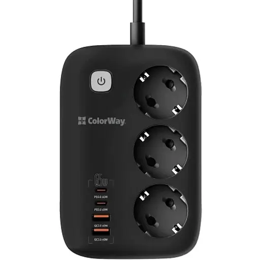 Фільтр мережевий ColorWay GaN3 Pro, 3 розетки, 2 м, Black, 2xUSB (60 Вт, QC3.0), 2xType-C (65 Вт, PD3.0), дріт з міді (до 3250 Вт), 16 A (CW-CHE34PDB)