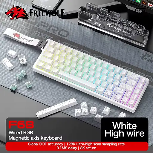 Игровая проводная магнитная клавиатура FreeWolf F68 / Magnetic Switch / RGB / Wired / White - фото 2