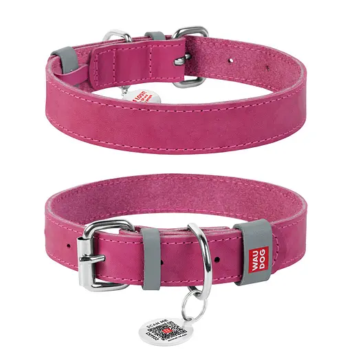 Ошейник для собак кожаный Waudog Classic Ш 35 мм Д 46-60 см розовый