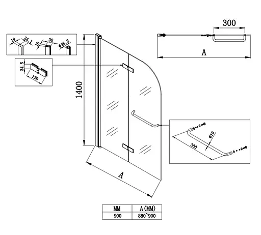 Шторки стеклянные на ванну Koer SR BS05-90x140-TR-01 прозрачное стекло Easy Clean 6 мм, хром KR5372, Универсальная, прозрачный, хром - фото 2