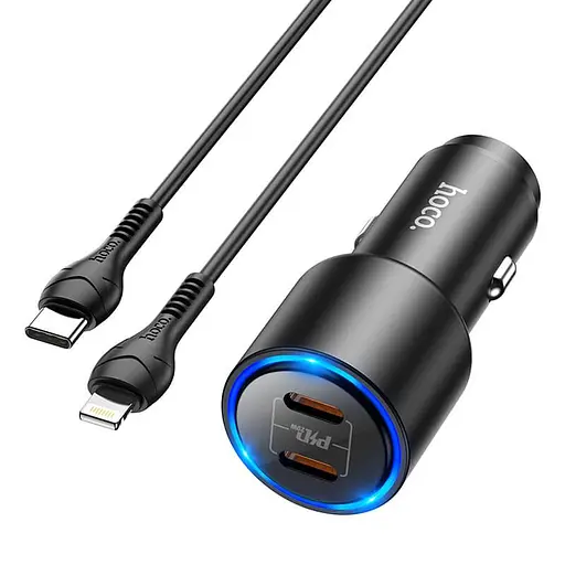 Адаптер автомобильный Hoco Type-C для Lightning Cable Clear way Dual port Car charger set NZ3 |2Type-C, QC/PD, 3A/40W| - фото 3