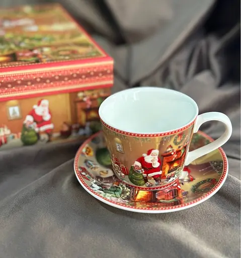Чайний набір із блюдцями Новорічні подарунки кераміка в подарунковій коробці 120 мл Червоний 2 чашки - фото 6