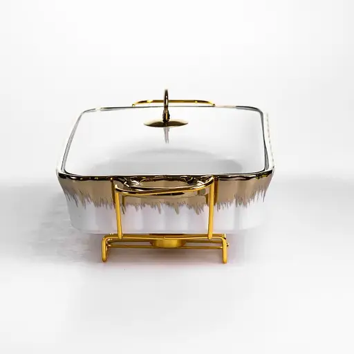 Мармитница фарфоровая Yiwu 2 л прямоугольная со стеклянной крышкой 40х22.5х15.5 см мармит на подставке для первых блюд ML525-15 - фото 3