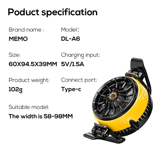 Кулер активне охолодження для телефону / планшета Memo DLA6 шириною до 100 мм Yellow (18518) - фото 6