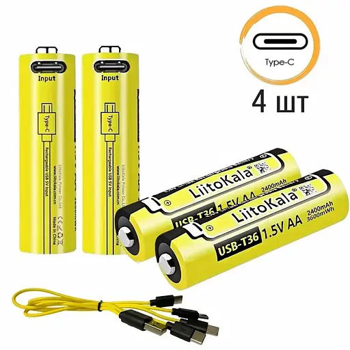 Аккумулятор 14500 LiitoKala Li-ion R6 2400mAh USB-T36 1.5V (4шт. АКБ + кабель) - фото 2