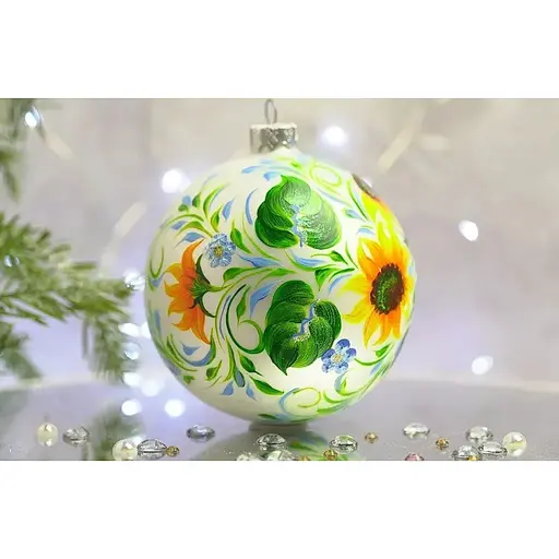 Ялинкова прикраса Санта Шоп Петриківка Соняшники на білому склі (4820001107036) - фото 2