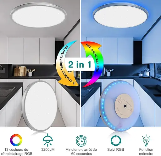 Світлодіодний світильник стельовий YIKANWEN, 24 Вт, регульована яскравість, кругле підсвічування 3200 лм, 13 RGB-квітів, IP54, біл - фото 4