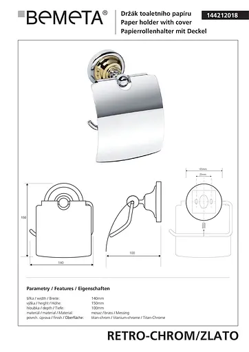 Тримач для туалетного паперу Bemeta Retro з кришкою золото/хром 144212018 Золотий - фото 2