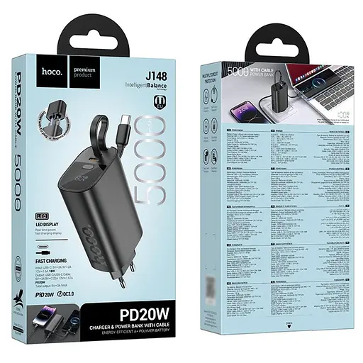 Сетевое зарядное устройство Hoco J148 со встроенным Power Bank 5000mAh PD 20W + кабель Type-C черный - фото 7
