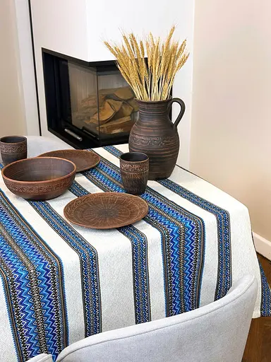 Льняная скатерть пасхальная с украинским орнаментом Рандеву синий 290х150 см - фото 9