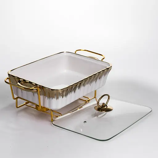 Марміт настільний прямокутний Yiwu з підігрівом 35.5х19х15.5 см керамічний на металевій підставці з кришкою мармітниця для перших страв ML525-13 - фото 7