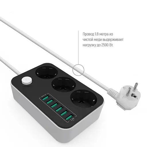 Мережевий фільтр-подовжувач ColorWay CW-CHЕ36B 3 розетки / 6USB 1.8 м Black - фото 2
