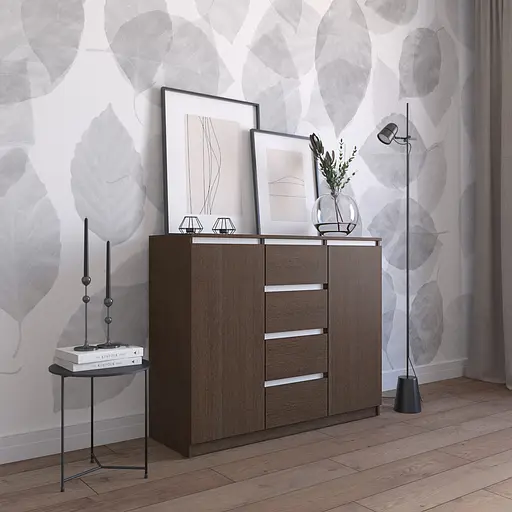 Комод Vays R-11 Венге Темний-Білі планки, 4 шухляди та 2 відділення з полицями, без ручок, ЛДСП, 120×40×98 см - для спальні, вітальні, передпокою