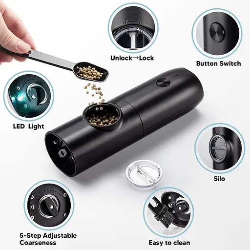 Virklyee USB Charging Pepper Mills Електричні млини для солі та перцю Набір з 2 регульованих шорстків зі світлодіодним - фото 3