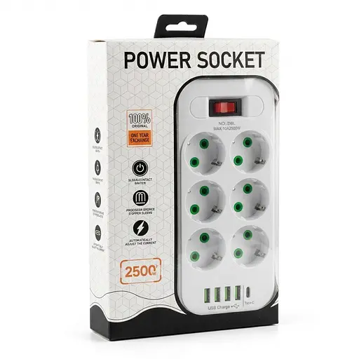 Мережевий фільтр-подовжувач Power Socket D-6, 10x220V-2500W, 4xUSB, 1xType-C PD - фото 1