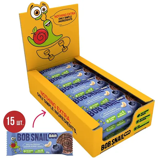 Фруктово-ягодно-ореховый батончик Bob Snail Яблоко-Черника-Кешью-Криспы Киноа 35 г x 15 шт.