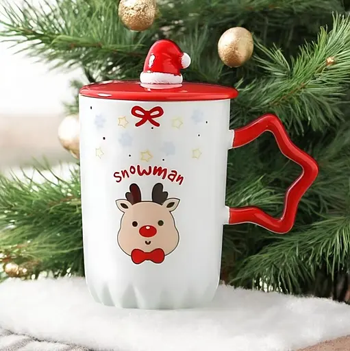 Чашка новорічна Snowman з кришкою та ложкою Олень 360 мл Біла - фото 3