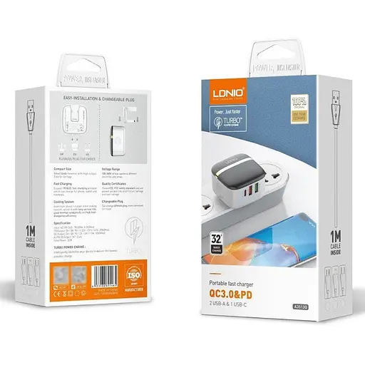 Зарядное устройство для Ldnio A3513Q 2 USB/ Type-C QC PD 33W черный + кабель USB to Type-C - фото 8