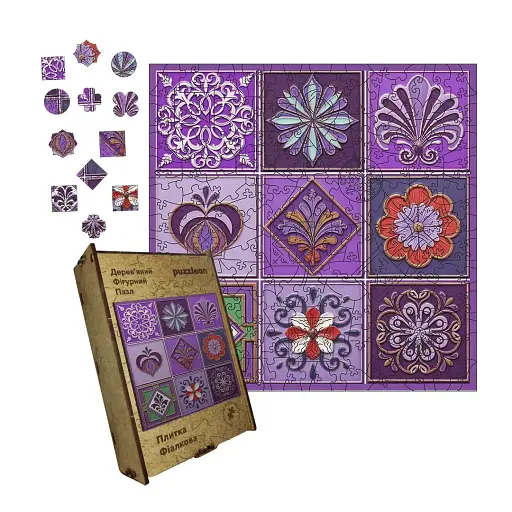 Деревянный фигурный пазл Плитка Фиалковая, А5, Деревянная коробка 35 элементов