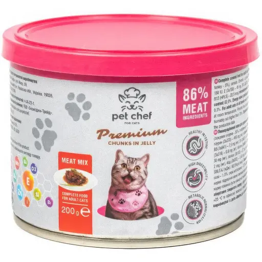 Влажный корм для кошек Pet Chef кусочки в желе мясной микс 200 г