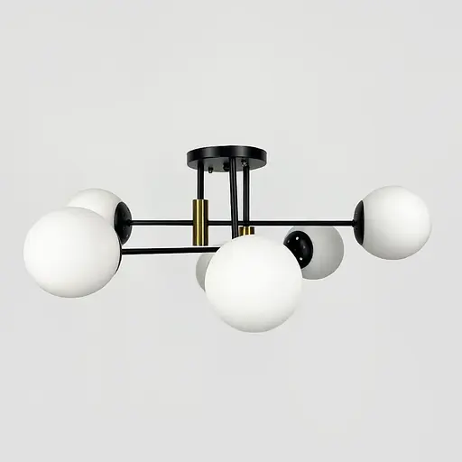 Стельова чорна люстра з латунною фурнітурою на 6 білих плафонів Ø 65 см | Line F | Арт. 81188/6 CP+BK+WT - фото 4
