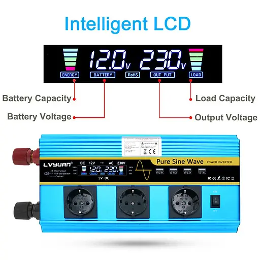 Інвертор перетворювач напруги Lvyuan 12-230v 3000/6000w чистий синус - фото 5