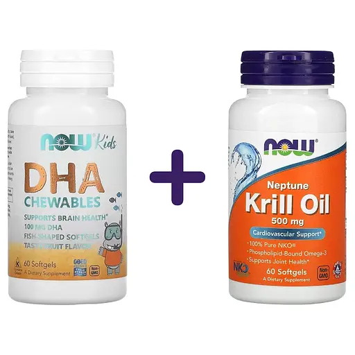 Набір: риб'ячий жир для дітей Now Foods Kid's DHA з фруктовим смаком 100 мг 60 капсул + риб'ячий жир Now 500 мг 60 желатинових капсул