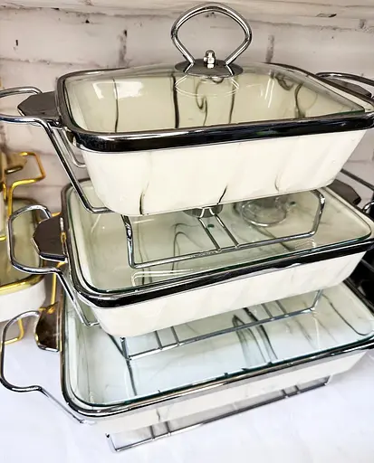 Набор из 3-х мармитов керамических прямоугольных Kitchen с крышками из стекла Бело Серебристый - фото 2