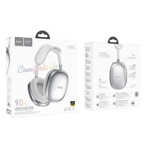 Беспроводные наушники Hoco W55 Pleasing, BT5.4, AUX, TF, headphones, 800mAh, 90h, Silver - фото 3