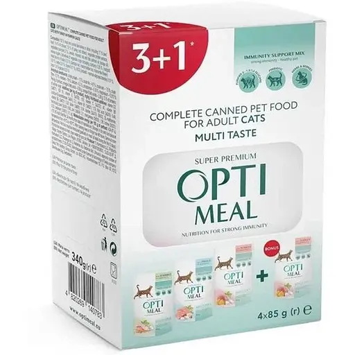 Упаковка влажного корма для кошек Optimeal Adult Cats Multi Taste набор 3+1 с разными вкусами 340 г - фото 1