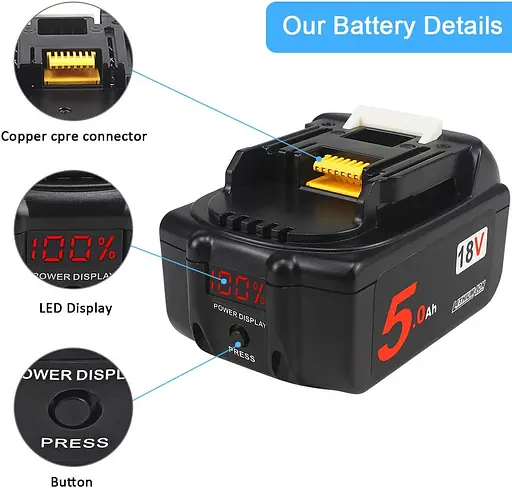 Сменные литий-ионные аккумуляторы AMICROSS 18 В, 5,0 Ач bl1850B-2 (со светодиодным индикатором питания) - фото 2