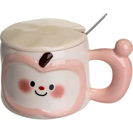 Чашка порцелянова Cute Apple 400 мл з кришкою та ложкою рожевий FM-25C