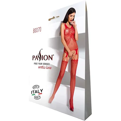Бодистокинг Passion BS070 Red, комбинезон, имитация чулок и ажурного топа - фото 5