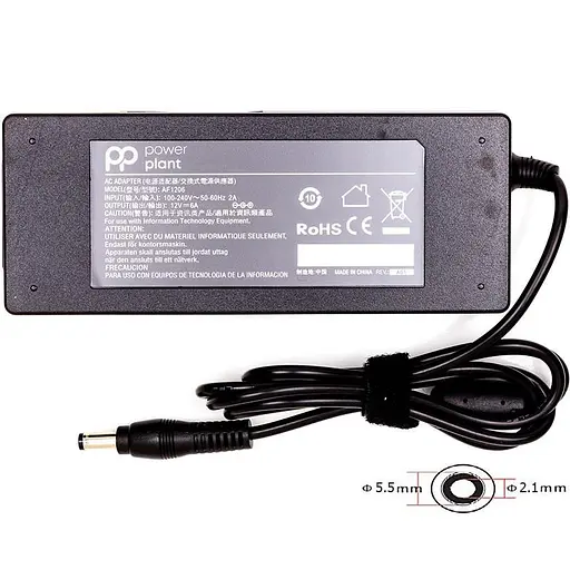 Блок питания для ноутбука PowerPlant для ноутбуков 220V, 12V 72W 6A 5.5х2.1 мм (NA700608)