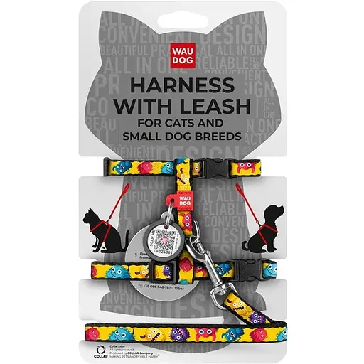 Шлея з повідцем для котів та дрібних порід собак Waudog Nylon з QR паспортом, малюнок "Мохнаті монстри", пластиковий фастекс, XS