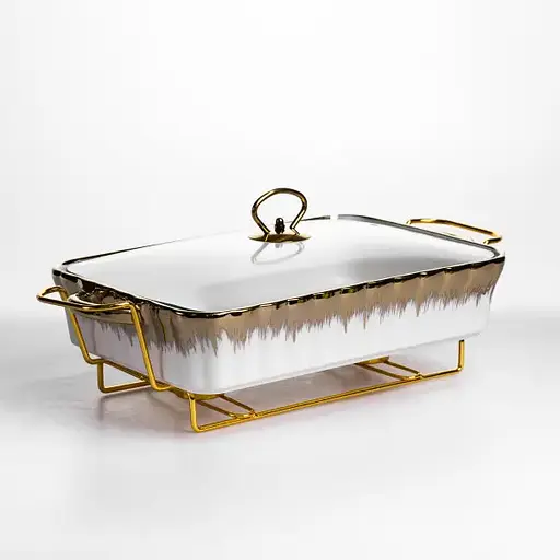 Мармитница фарфоровая Yiwu 2 л прямоугольная со стеклянной крышкой 40х22.5х15.5 см мармит на подставке для первых блюд ML525-15 - фото 1